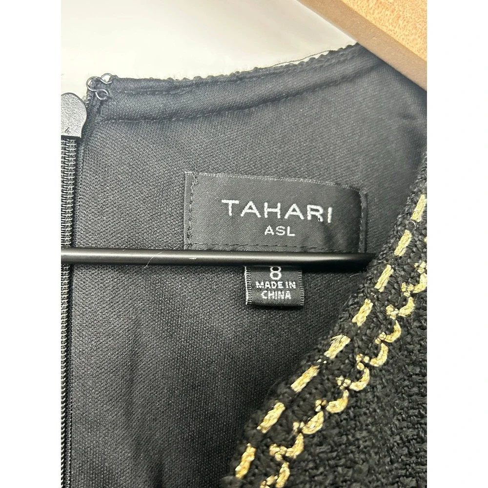 Tahari ASL Black Tweed Gold Detail Size 8 Dress Quiet Luxury Parisian Chic NWT - Picture 3 of 8